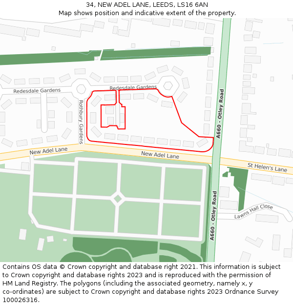 34, NEW ADEL LANE, LEEDS, LS16 6AN: Location map and indicative extent of plot