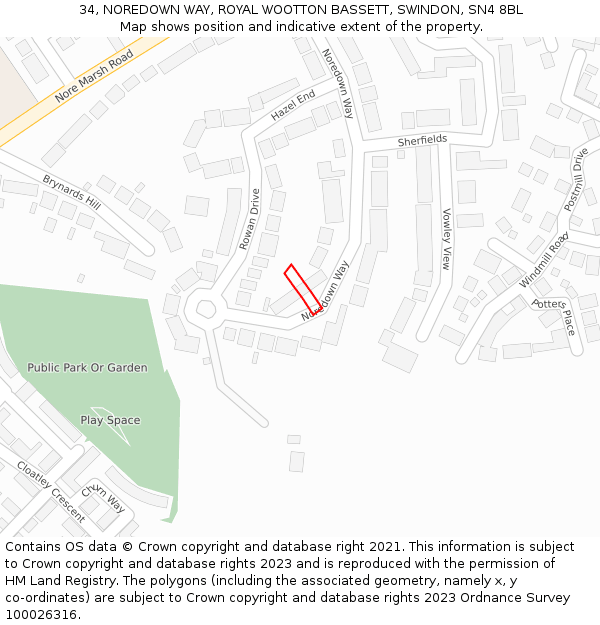 34, NOREDOWN WAY, ROYAL WOOTTON BASSETT, SWINDON, SN4 8BL: Location map and indicative extent of plot