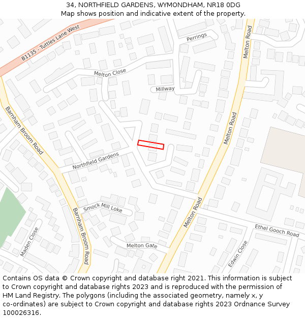 34, NORTHFIELD GARDENS, WYMONDHAM, NR18 0DG: Location map and indicative extent of plot