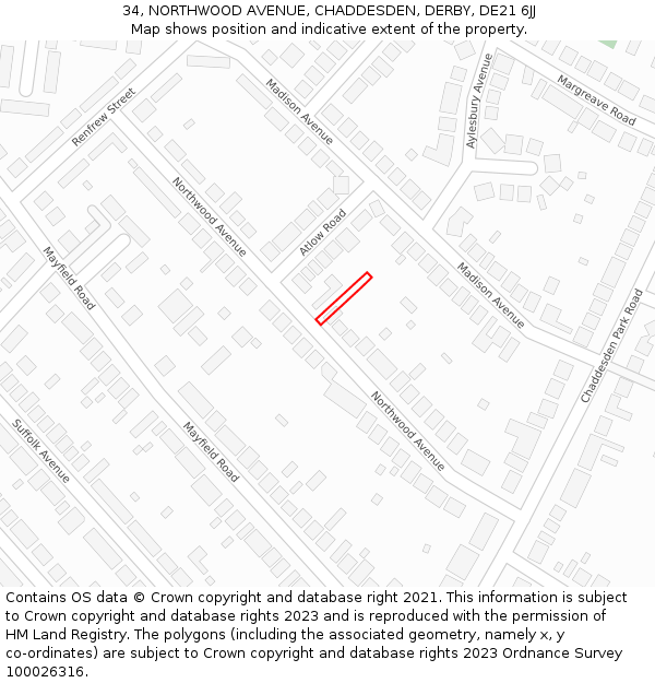 34, NORTHWOOD AVENUE, CHADDESDEN, DERBY, DE21 6JJ: Location map and indicative extent of plot