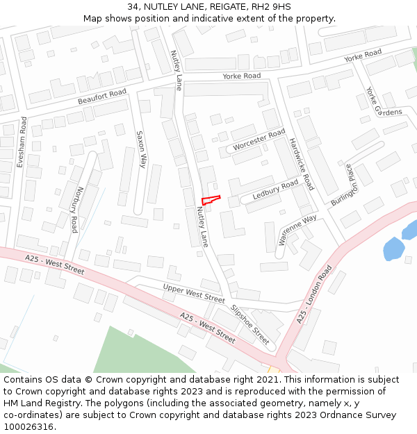 34, NUTLEY LANE, REIGATE, RH2 9HS: Location map and indicative extent of plot
