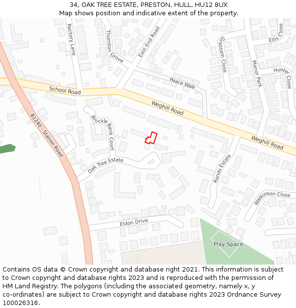 34, OAK TREE ESTATE, PRESTON, HULL, HU12 8UX: Location map and indicative extent of plot