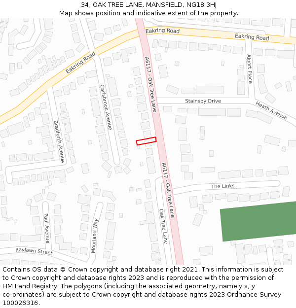 34, OAK TREE LANE, MANSFIELD, NG18 3HJ: Location map and indicative extent of plot