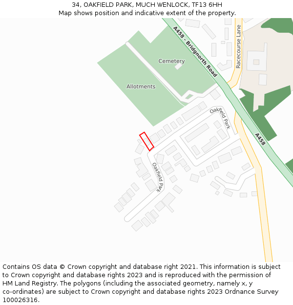 34, OAKFIELD PARK, MUCH WENLOCK, TF13 6HH: Location map and indicative extent of plot