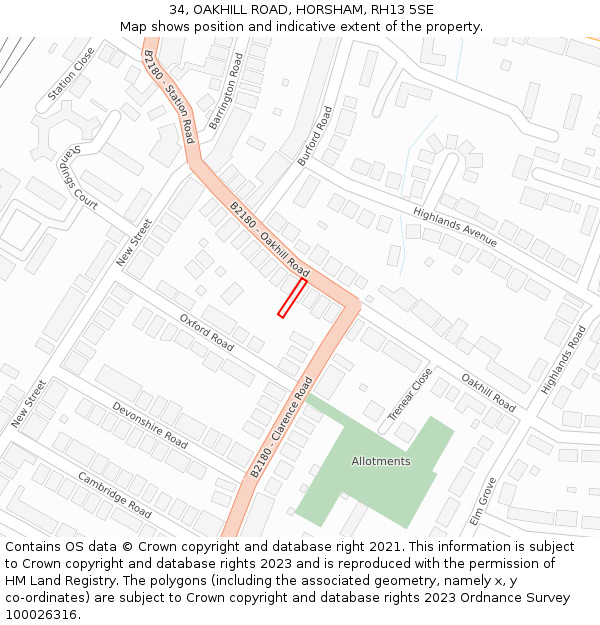 34, OAKHILL ROAD, HORSHAM, RH13 5SE: Location map and indicative extent of plot