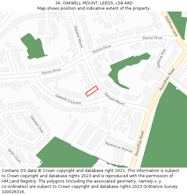 34, OAKWELL MOUNT, LEEDS, LS8 4AD: Location map and indicative extent of plot