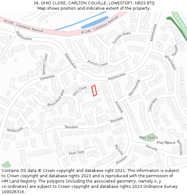34, OHIO CLOSE, CARLTON COLVILLE, LOWESTOFT, NR33 8TQ: Location map and indicative extent of plot