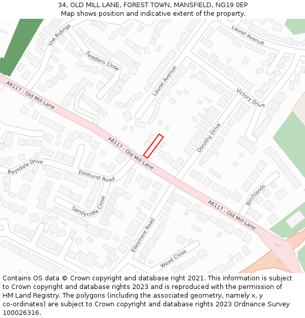 34, OLD MILL LANE, FOREST TOWN, MANSFIELD, NG19 0EP: Location map and indicative extent of plot