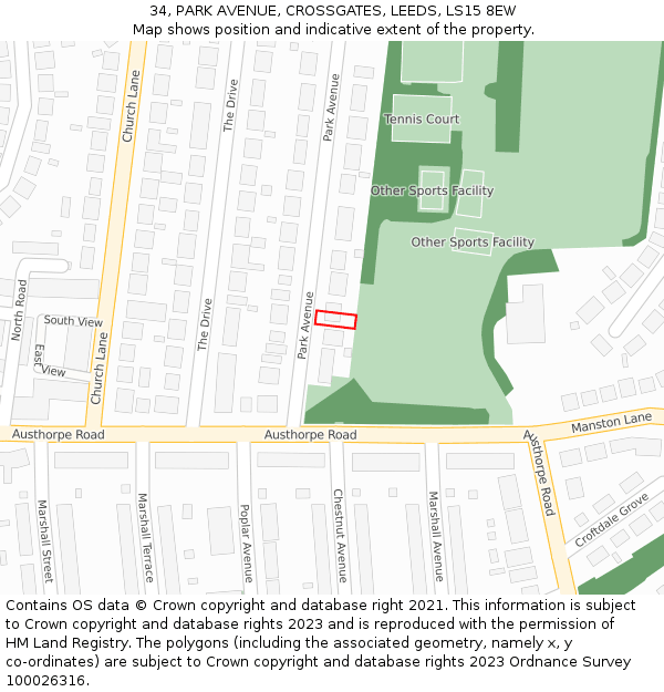 34, PARK AVENUE, CROSSGATES, LEEDS, LS15 8EW: Location map and indicative extent of plot