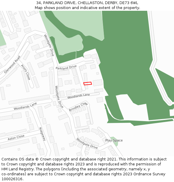 34, PARKLAND DRIVE, CHELLASTON, DERBY, DE73 6WL: Location map and indicative extent of plot