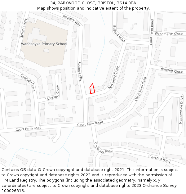 34, PARKWOOD CLOSE, BRISTOL, BS14 0EA: Location map and indicative extent of plot