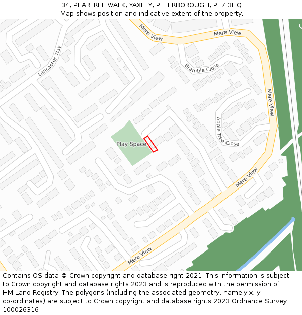 34, PEARTREE WALK, YAXLEY, PETERBOROUGH, PE7 3HQ: Location map and indicative extent of plot