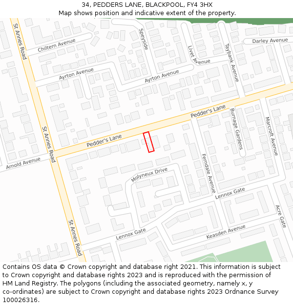 34, PEDDERS LANE, BLACKPOOL, FY4 3HX: Location map and indicative extent of plot