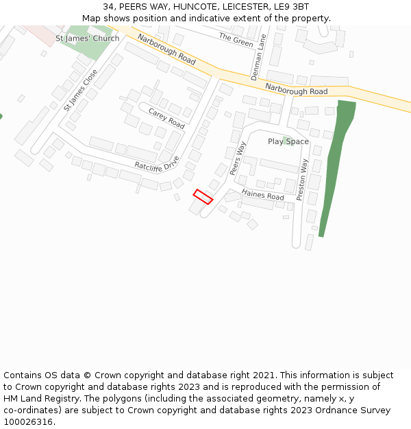 34, PEERS WAY, HUNCOTE, LEICESTER, LE9 3BT: Location map and indicative extent of plot