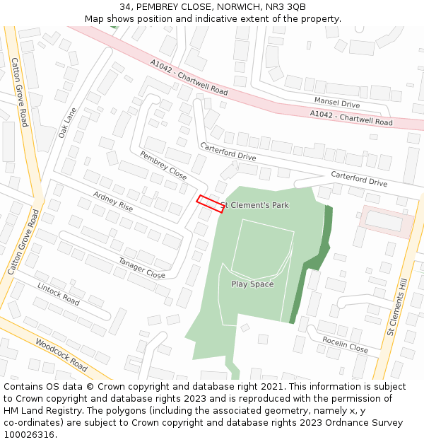 34, PEMBREY CLOSE, NORWICH, NR3 3QB: Location map and indicative extent of plot