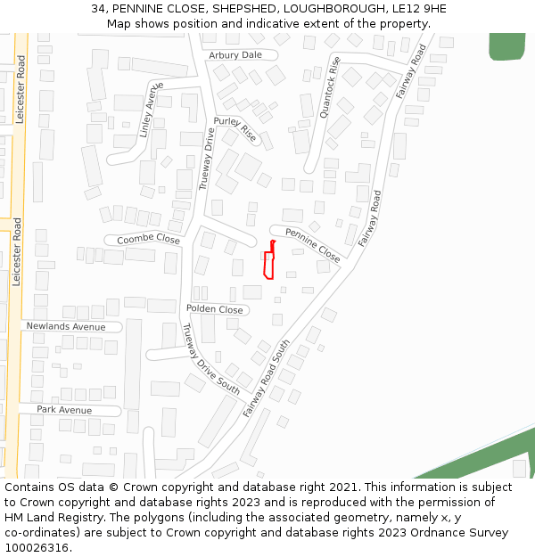 34, PENNINE CLOSE, SHEPSHED, LOUGHBOROUGH, LE12 9HE: Location map and indicative extent of plot