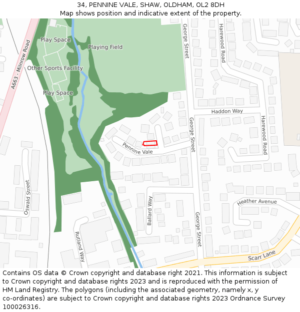 34, PENNINE VALE, SHAW, OLDHAM, OL2 8DH: Location map and indicative extent of plot