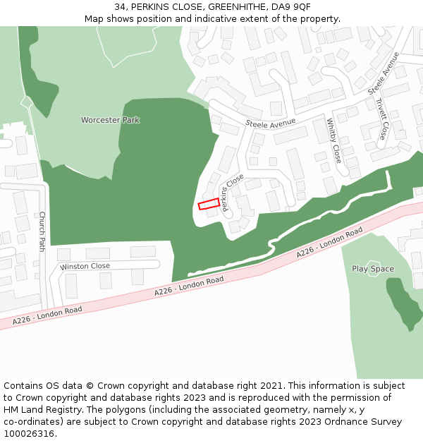 34, PERKINS CLOSE, GREENHITHE, DA9 9QF: Location map and indicative extent of plot