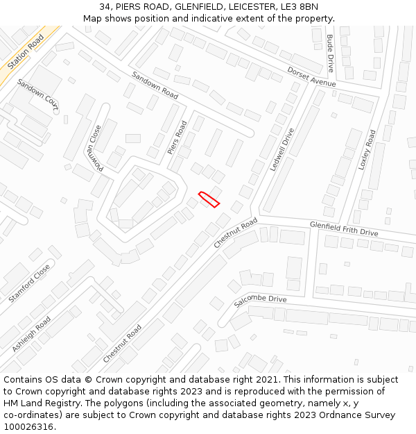 34, PIERS ROAD, GLENFIELD, LEICESTER, LE3 8BN: Location map and indicative extent of plot