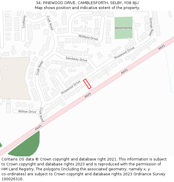 34, PINEWOOD DRIVE, CAMBLESFORTH, SELBY, YO8 8JU: Location map and indicative extent of plot