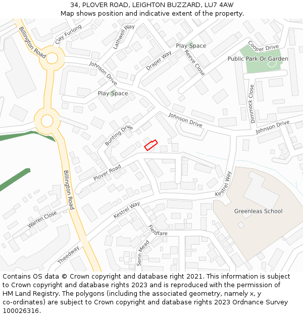 34, PLOVER ROAD, LEIGHTON BUZZARD, LU7 4AW: Location map and indicative extent of plot