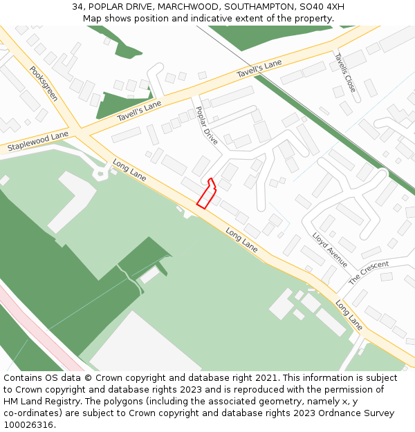 34, POPLAR DRIVE, MARCHWOOD, SOUTHAMPTON, SO40 4XH: Location map and indicative extent of plot