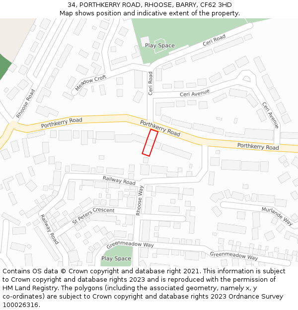 34, PORTHKERRY ROAD, RHOOSE, BARRY, CF62 3HD: Location map and indicative extent of plot