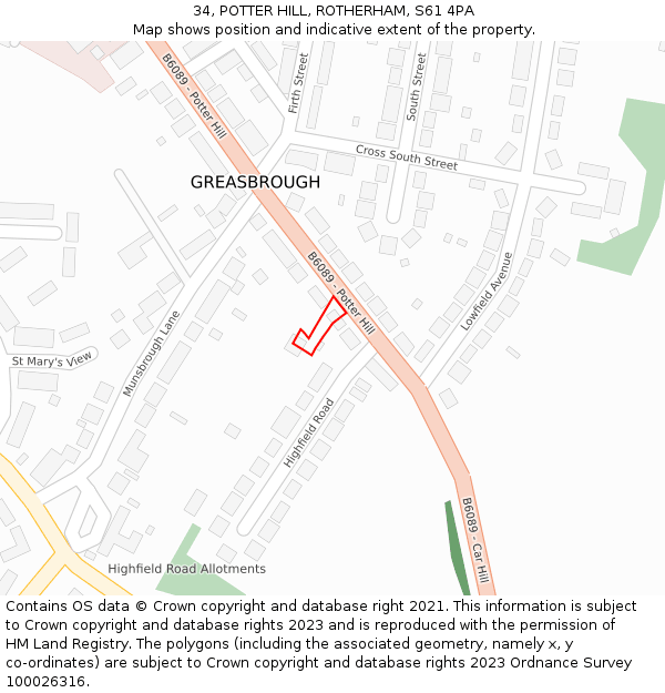 34, POTTER HILL, ROTHERHAM, S61 4PA: Location map and indicative extent of plot