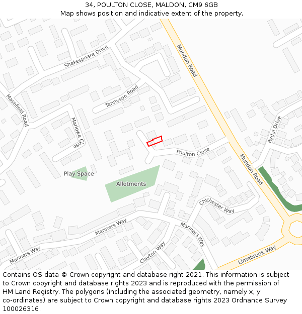 34, POULTON CLOSE, MALDON, CM9 6GB: Location map and indicative extent of plot