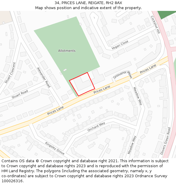 34, PRICES LANE, REIGATE, RH2 8AX: Location map and indicative extent of plot