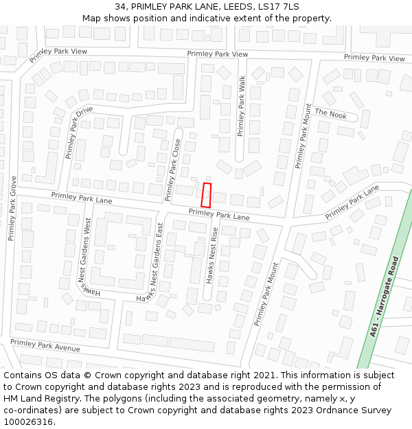 34, PRIMLEY PARK LANE, LEEDS, LS17 7LS: Location map and indicative extent of plot