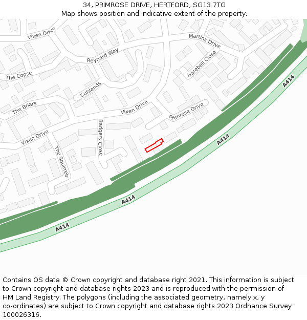34, PRIMROSE DRIVE, HERTFORD, SG13 7TG: Location map and indicative extent of plot
