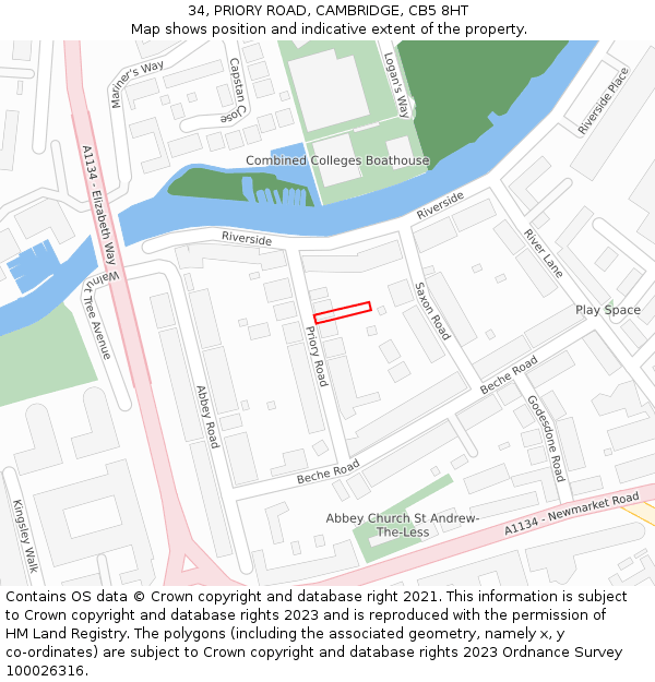 34, PRIORY ROAD, CAMBRIDGE, CB5 8HT: Location map and indicative extent of plot