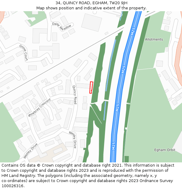 34, QUINCY ROAD, EGHAM, TW20 9JH: Location map and indicative extent of plot