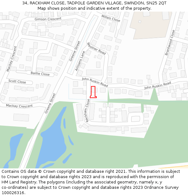 34, RACKHAM CLOSE, TADPOLE GARDEN VILLAGE, SWINDON, SN25 2QT: Location map and indicative extent of plot
