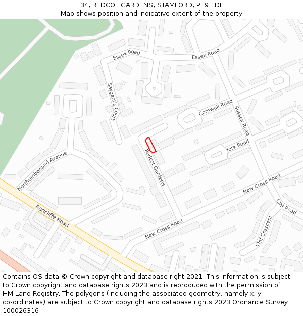 34, REDCOT GARDENS, STAMFORD, PE9 1DL: Location map and indicative extent of plot