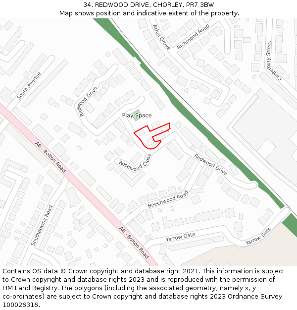 34, REDWOOD DRIVE, CHORLEY, PR7 3BW: Location map and indicative extent of plot