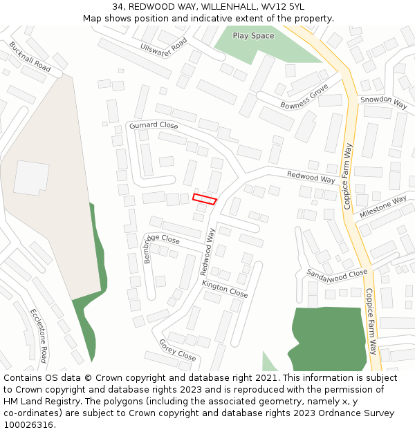 34, REDWOOD WAY, WILLENHALL, WV12 5YL: Location map and indicative extent of plot