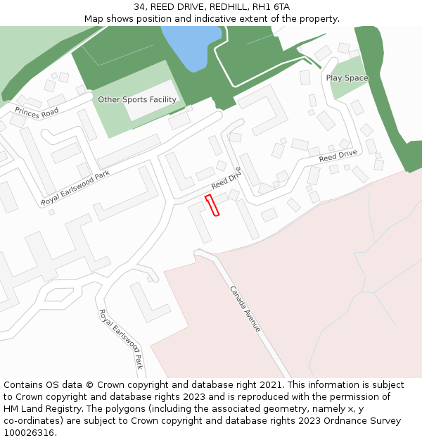 34, REED DRIVE, REDHILL, RH1 6TA: Location map and indicative extent of plot