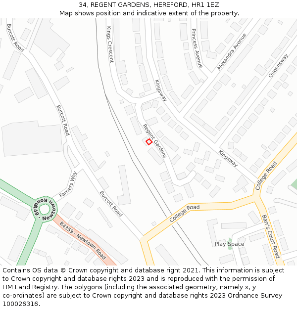 34, REGENT GARDENS, HEREFORD, HR1 1EZ: Location map and indicative extent of plot