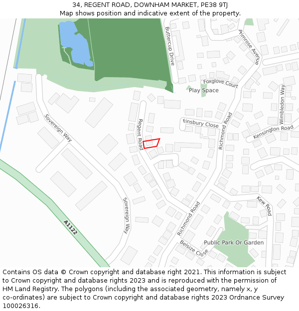 34, REGENT ROAD, DOWNHAM MARKET, PE38 9TJ: Location map and indicative extent of plot