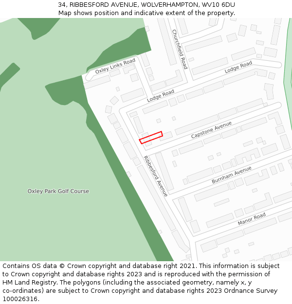 34, RIBBESFORD AVENUE, WOLVERHAMPTON, WV10 6DU: Location map and indicative extent of plot