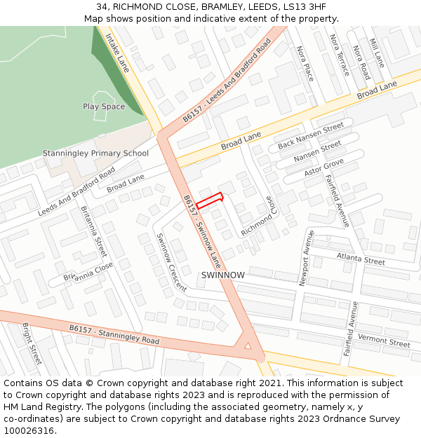 34, RICHMOND CLOSE, BRAMLEY, LEEDS, LS13 3HF: Location map and indicative extent of plot