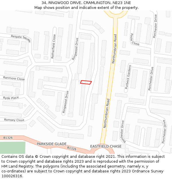 34, RINGWOOD DRIVE, CRAMLINGTON, NE23 1NE: Location map and indicative extent of plot