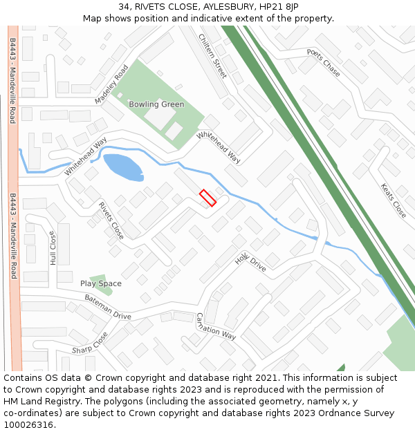 34, RIVETS CLOSE, AYLESBURY, HP21 8JP: Location map and indicative extent of plot