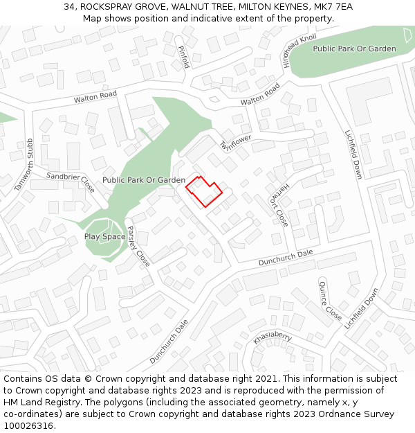 34, ROCKSPRAY GROVE, WALNUT TREE, MILTON KEYNES, MK7 7EA: Location map and indicative extent of plot