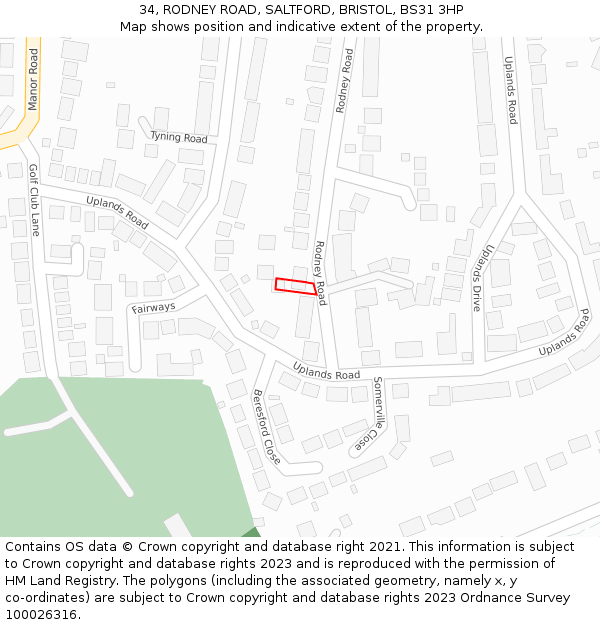 34, RODNEY ROAD, SALTFORD, BRISTOL, BS31 3HP: Location map and indicative extent of plot
