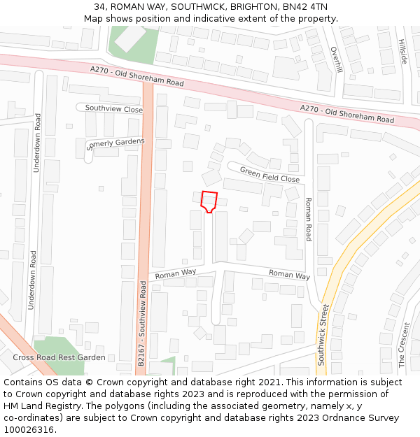 34, ROMAN WAY, SOUTHWICK, BRIGHTON, BN42 4TN: Location map and indicative extent of plot