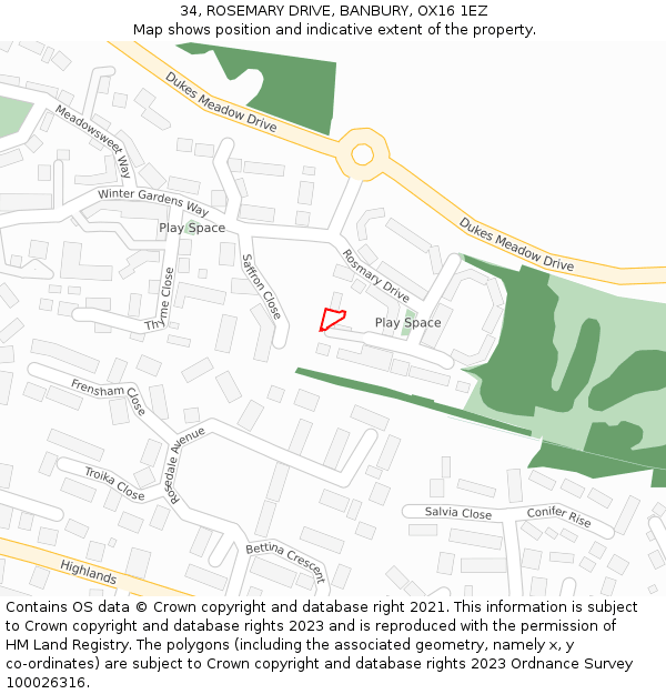 34, ROSEMARY DRIVE, BANBURY, OX16 1EZ: Location map and indicative extent of plot