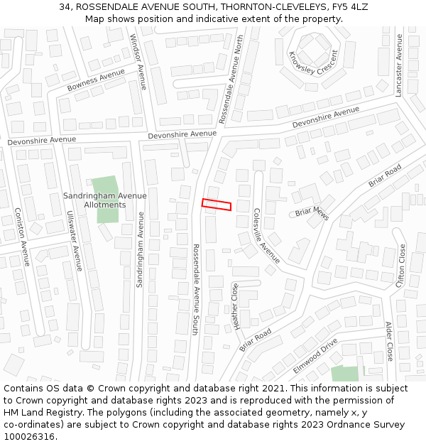 34, ROSSENDALE AVENUE SOUTH, THORNTON-CLEVELEYS, FY5 4LZ: Location map and indicative extent of plot